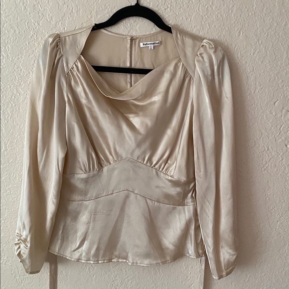 Reformation 100% Silk Jason Long-Sleeve Top Size 2 Cream Elegant Tie Detail Chic - Picture 4 of 13